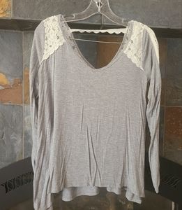 Abercrombie and Fitch GreyV Neck Long Sleeve Top with White Lace Inset Open Back